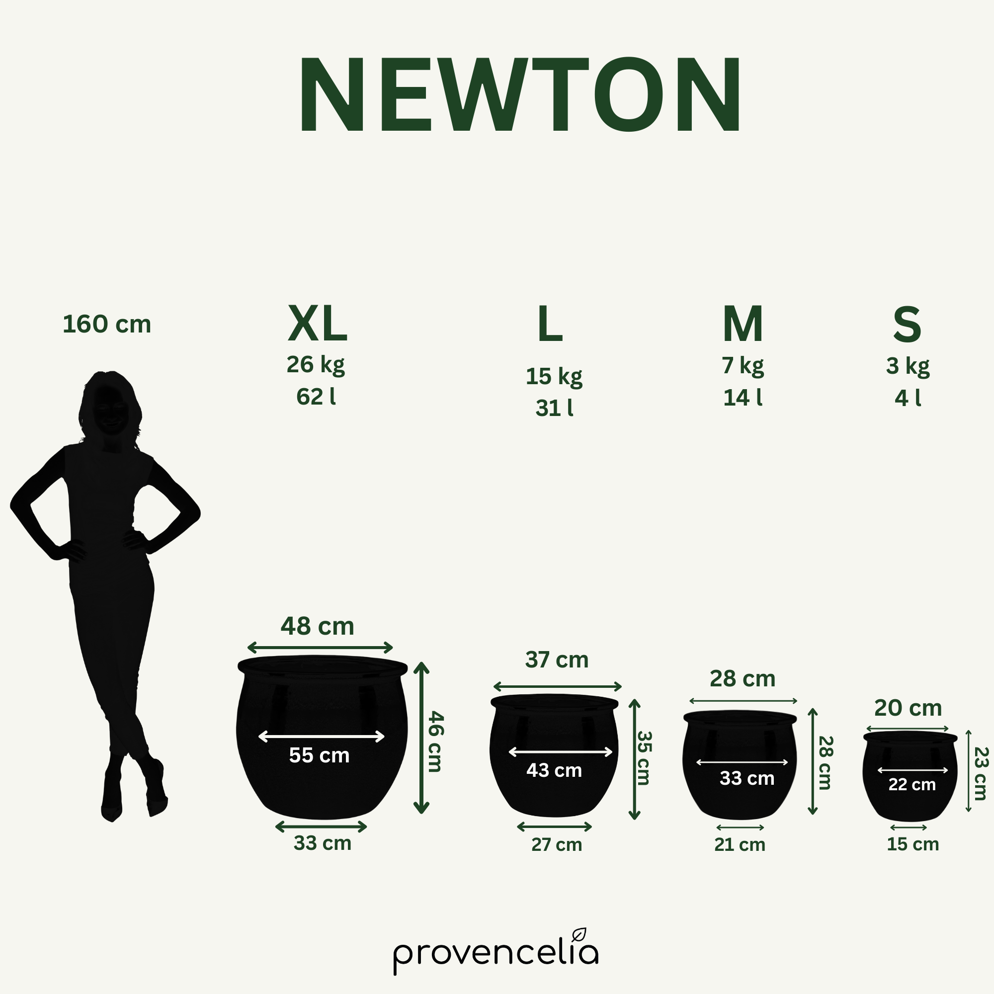 Srovnání velikostí keramického květináče NEWTON ledově modrá – velikosti S až XXL