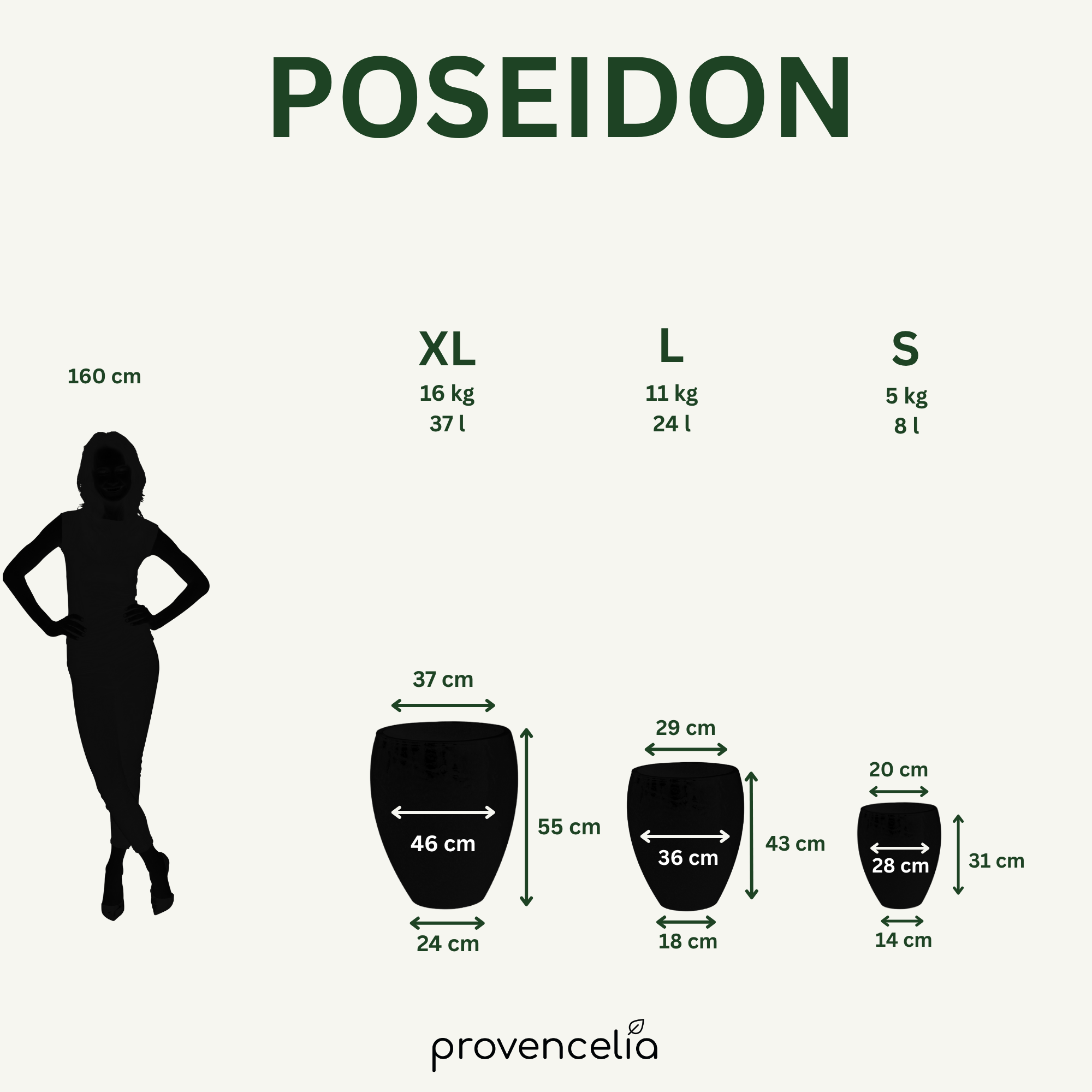 Porównanie rozmiarów doniczki ceramicznej POSEIDON2 Tropikalna czerwień – rozmiary S do XXL