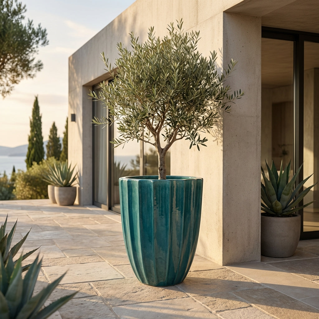 Ručně vyráběný tyrkysový keramický květináč Hugo z glazované terakoty