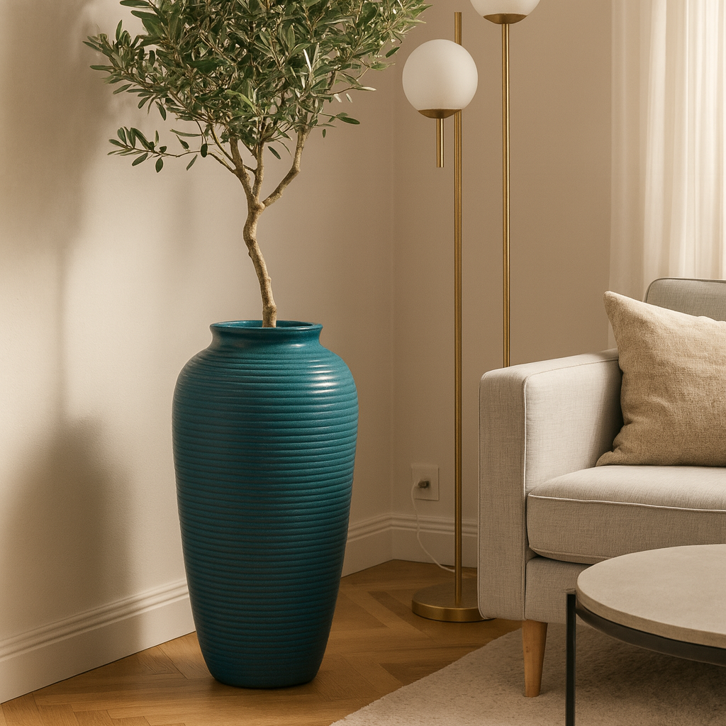 Ceramiczna doniczka Archimede z wzorem mrozu – stalowoniebieska