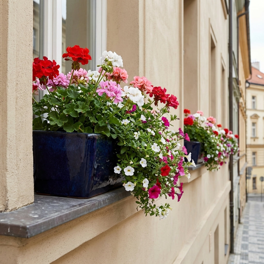 Ceramiczny donica podłużna GIONO - Safírová (75x21x18 cm) osázený muškáty na venkovním parapetu moderního pražského domu s béžovou fasádou.