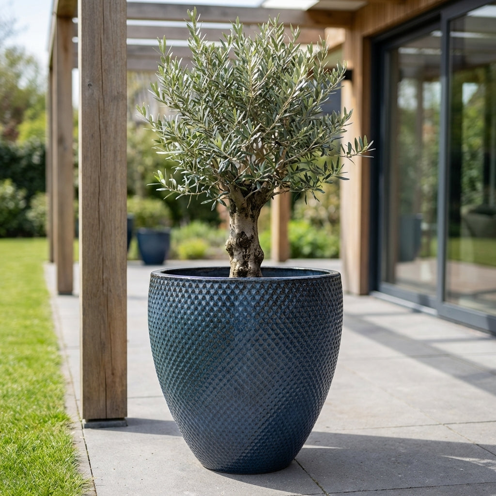 Detailní pohled na keramický květináč Signac - Antická modrá o výšce 52 cm s okrasným keřem na moderní prosluněné terase.