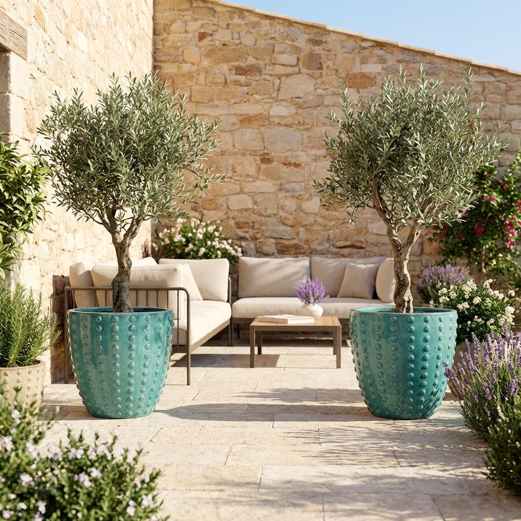 Detail na ručně vyráběný tyrkysový keramický květináč Attila z glazurované terakoty s reliéfní texturou na slunné středomořské terase.