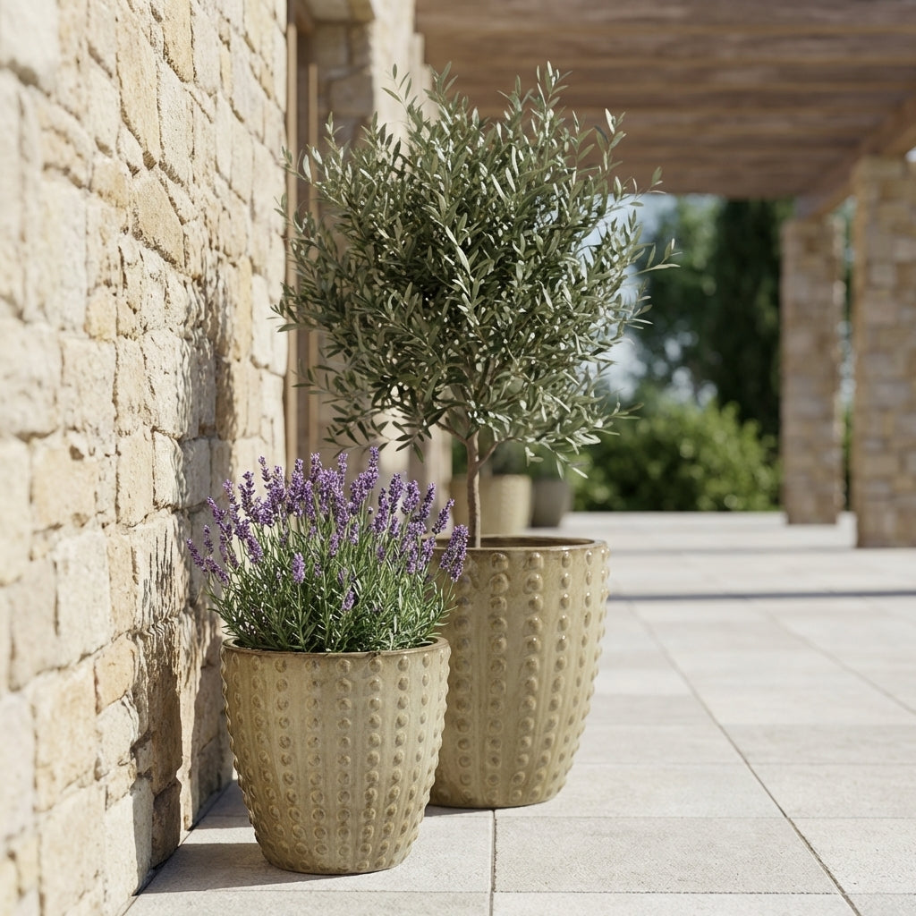 Detail na keramický květináč Attila Broušený bronz s reliéfní texturou. Ručně vyráběný glazurovaný květináč z terakoty s levandulí na slunné terase.