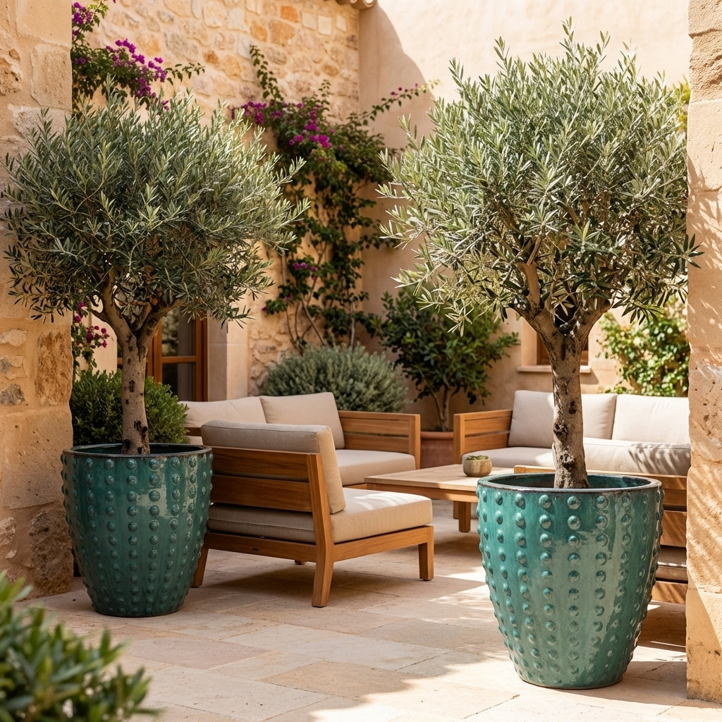 Detail na ručně vyráběný keramický květináč Attila v petrolejově modré barvě. Glazovaný terakotový květináč s reliéfní texturou a zasazenou levandulí na slunné kamenné terase.