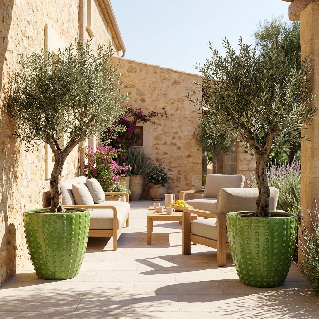 Ručně vyráběný glazurovaný keramický květináč Attila jablečně zelená z terakoty s výrazným reliéfem na slunné středomořské terase.