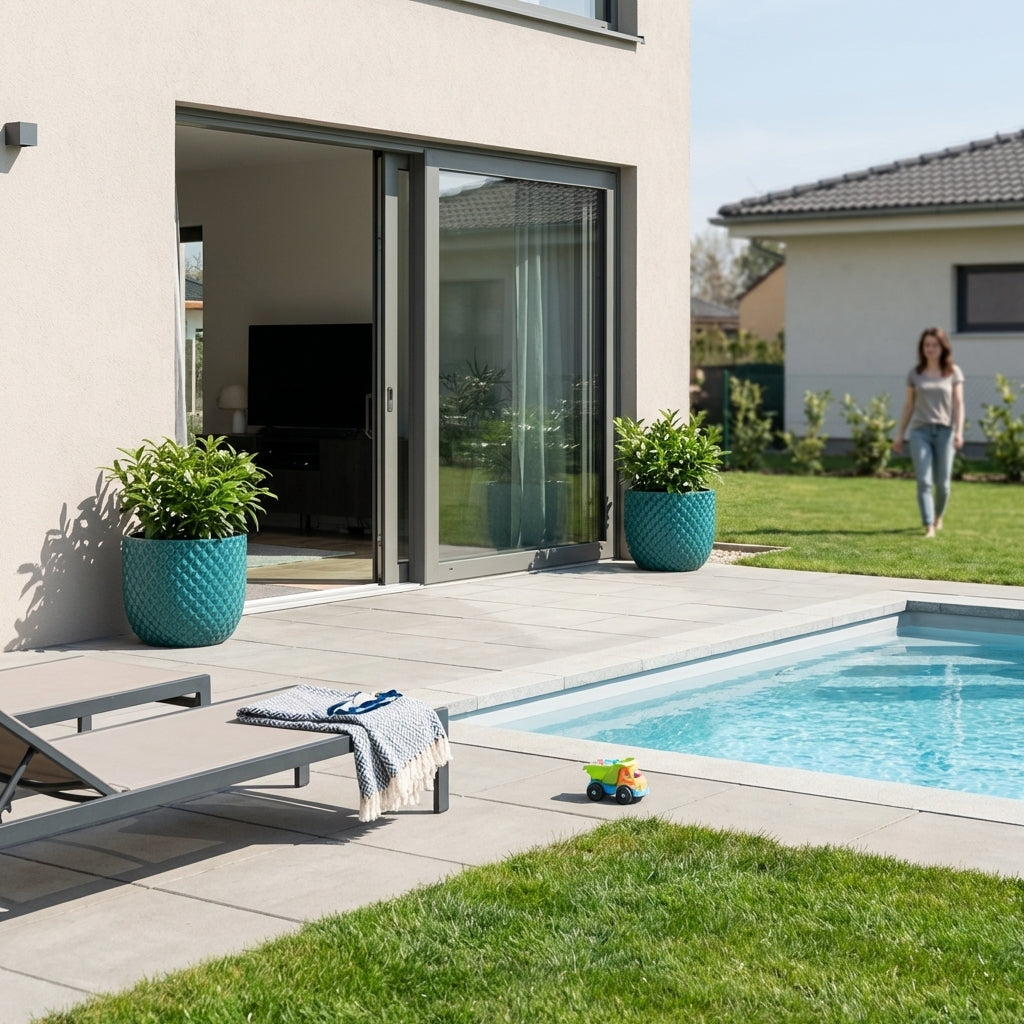 Detail na velký keramický květináč Mars Tyrkysový z ručně vyráběné glazované terakoty na moderní rodinné terase s bazénem.