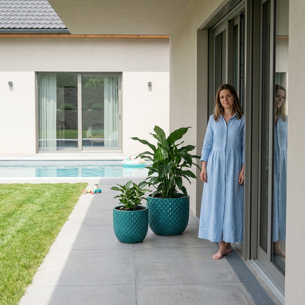 Detail na velký keramický květináč Mars Tyrkysový z ručně vyráběné glazované terakoty na moderní rodinné terase s bazénem.