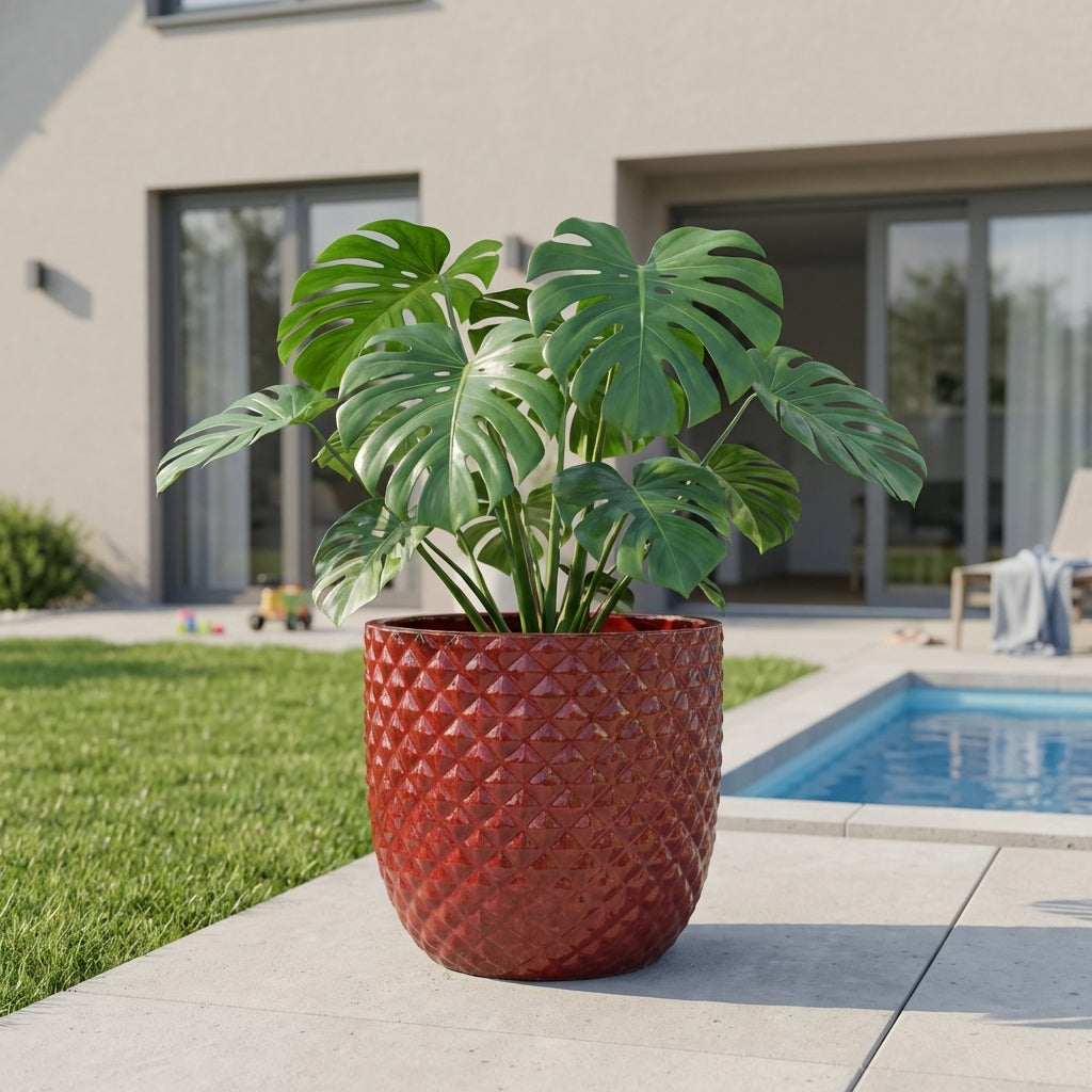 Detailní pohled na ručně vyráběný glazovaný keramický květináč Mars Císařsky červený z terakoty na moderní prosluněné terase s bazénem v pozadí.