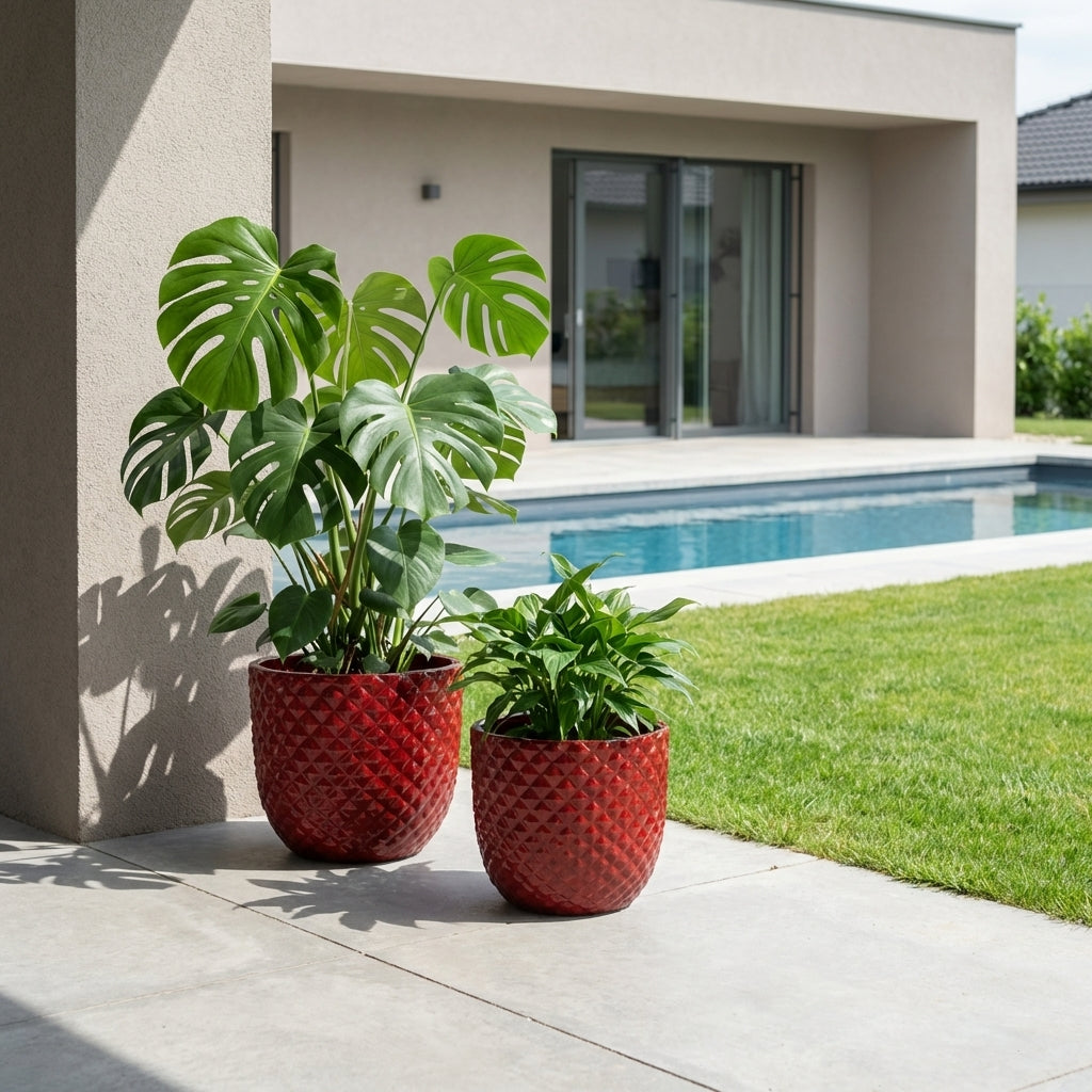Detailní pohled na ručně vyráběný glazovaný keramický květináč Mars Císařsky červený z terakoty na moderní prosluněné terase s bazénem v pozadí.