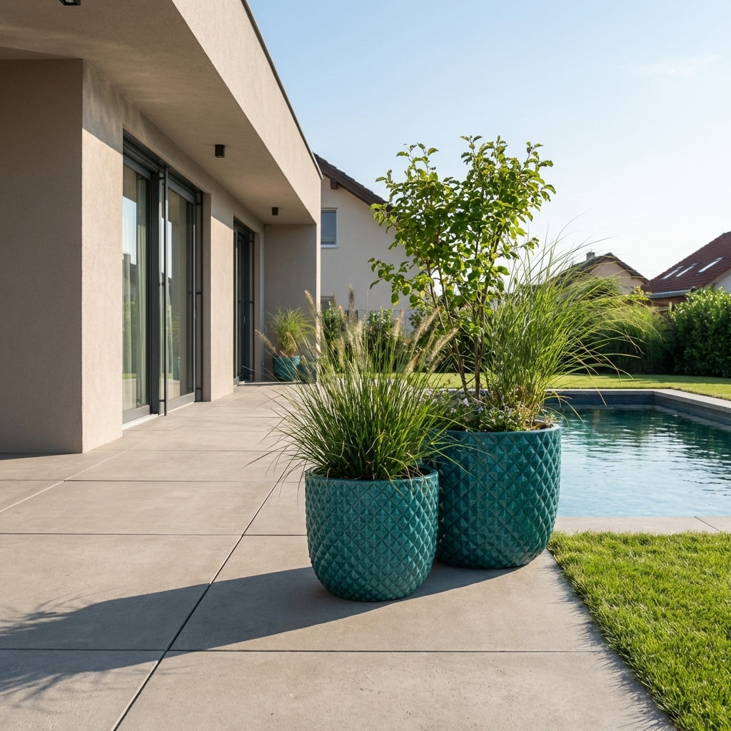 Detail na velký keramický květináč Mars Tyrkysový z ručně vyráběné glazované terakoty na moderní rodinné terase s bazénem.
