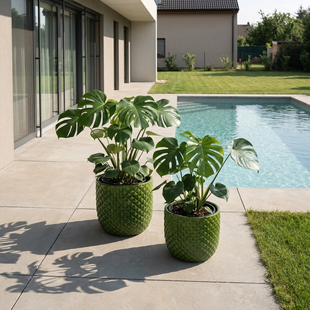 Detail na ručně vyráběný glazovaný keramický květináč Mars jablečně zelený z terakoty na moderní rodinné terase u bazénu.