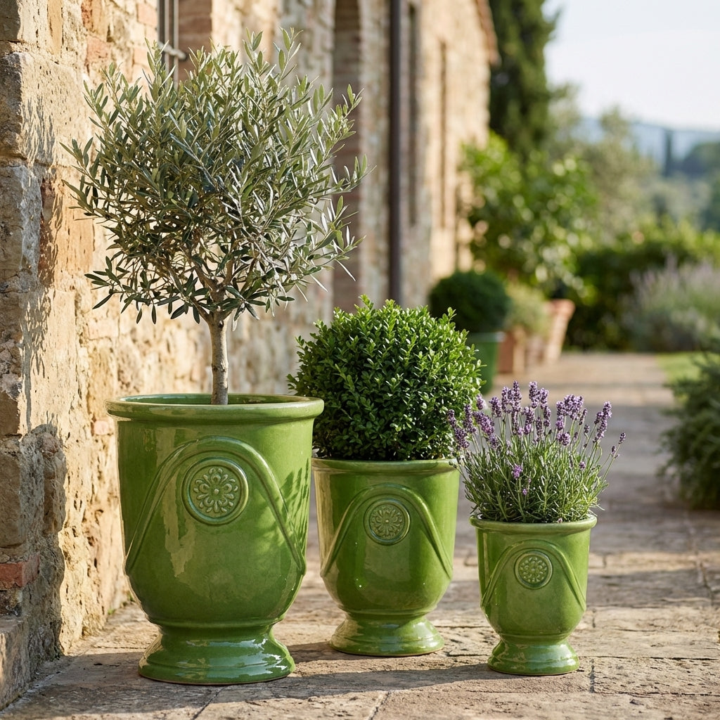 Detail jablečně zeleného keramického květináče Moliere s olivovníkem na slunné terase vily. Ručně vyráběný glazovaný květináč z terakoty s ozdobným reliéfem.