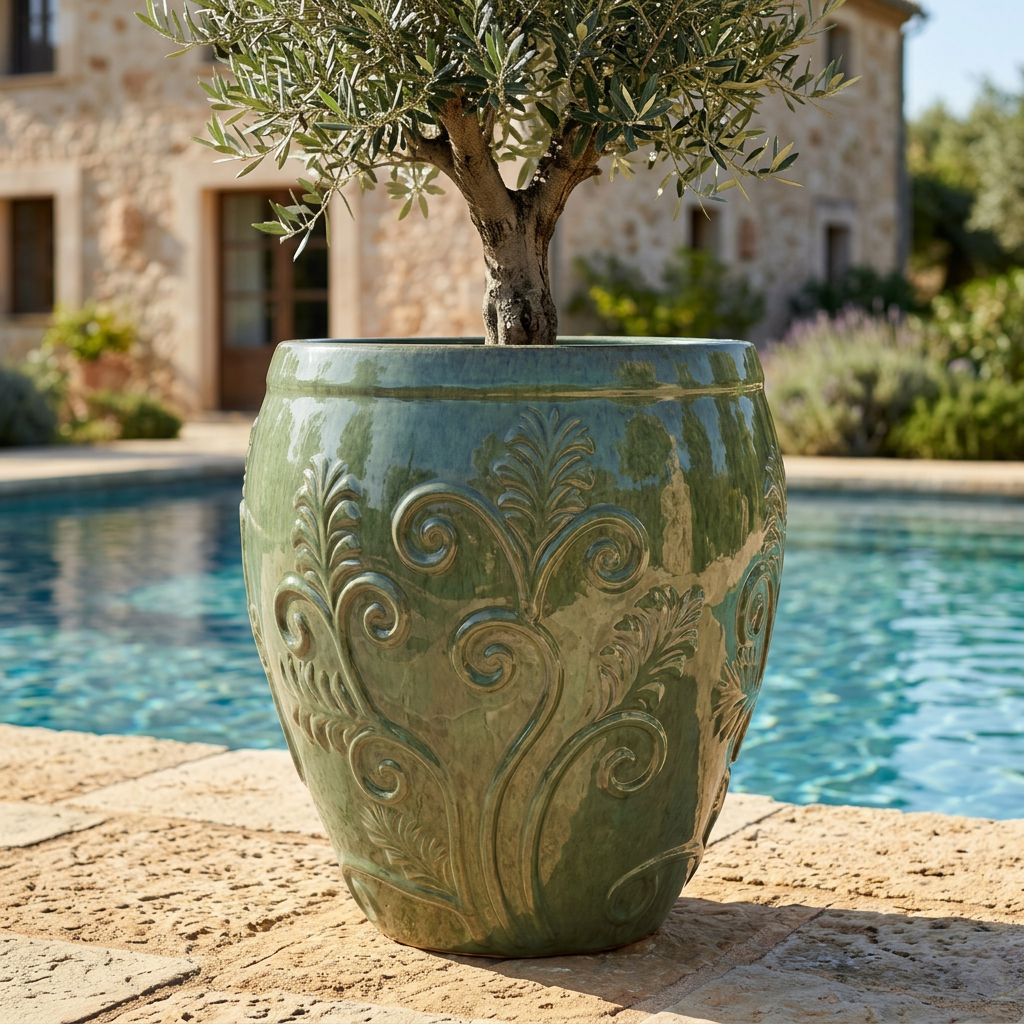 Detail na velký Keramický květináč Gaia - Nefritově perlová s olivovníkem na slunné kamenné terase u bazénu.