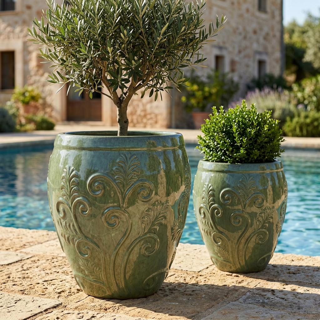 Detail na velký Keramický květináč Gaia - Nefritově perlová s olivovníkem na slunné kamenné terase u bazénu.