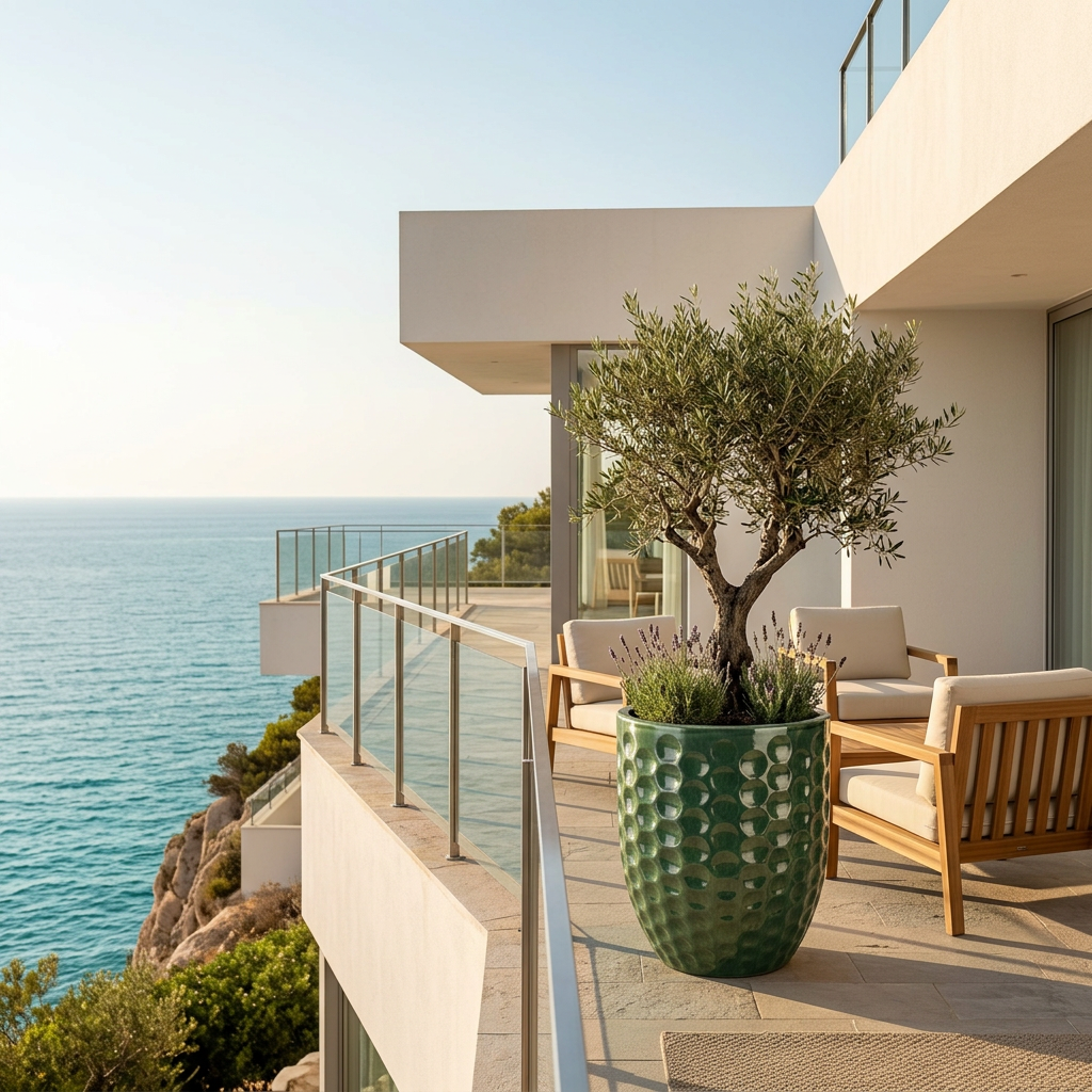 Keramický květináč MEROVEE - Nefrit osázený středomořskými rostlinami na moderní slunné terase s výhledem na moře.