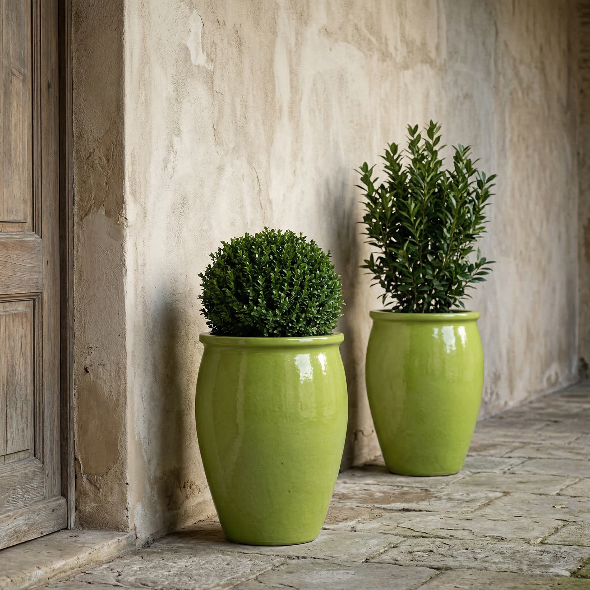 Keramický květináč BACCHUS - Olivově zelená s kulatým buxusem před starými dřevěnými dveřmi. Žena v bílých letních šatech se jemně dotýká rostliny.