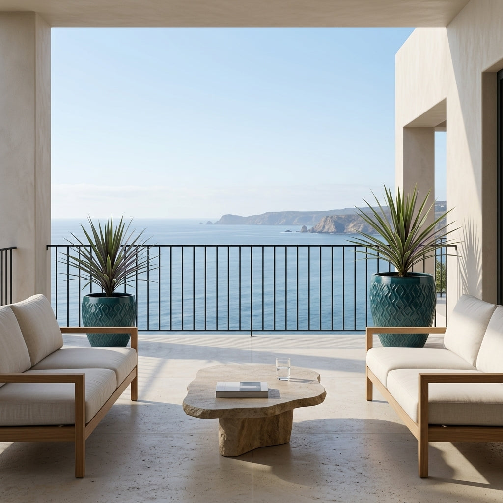 Detailní záběr na petrolejově modrý keramický květináč Phenix s rostlinou Cordyline na kamenné terase s výhledem na oceán.