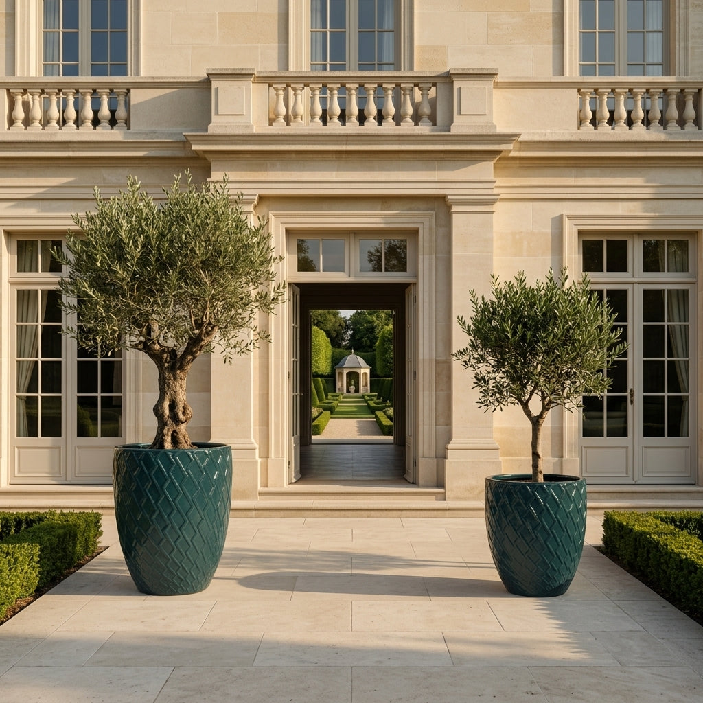 Detailní pohled na Keramický květináč Zeus - Petrolejová modrá s olivovníkem. Vyniká lesklá glazura a okrasný reliéf na prosluněné kamenné terase.