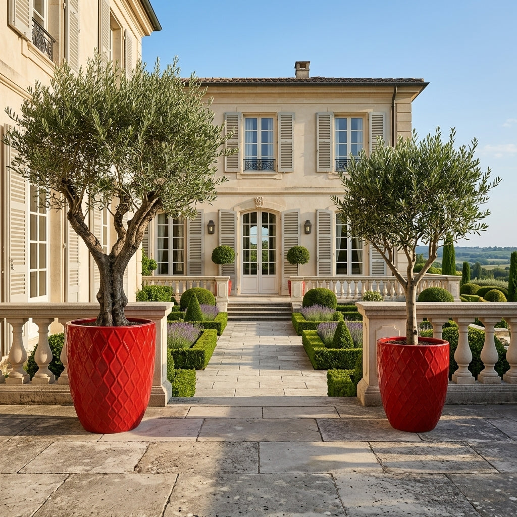 Detailní pohled na lesklý keramický květináč Zeus - Císařská červená s ozdobným reliéfem. Elegantní velká nádoba tvaru urny s olivovníkem na prosluněné kamenné terase.