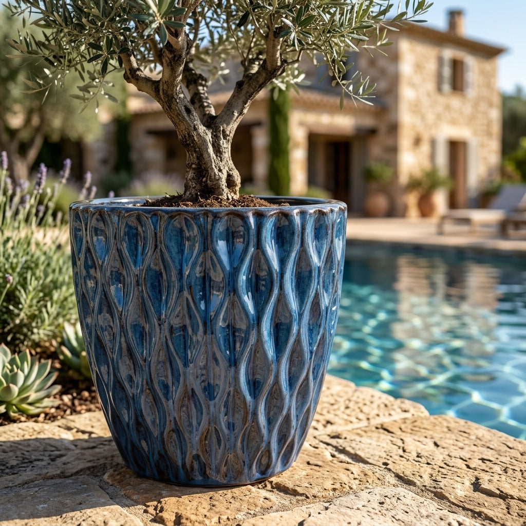 Keramický květináč Monet Anticky modrý – ručně vyráběný glazovaný květináč z terakoty