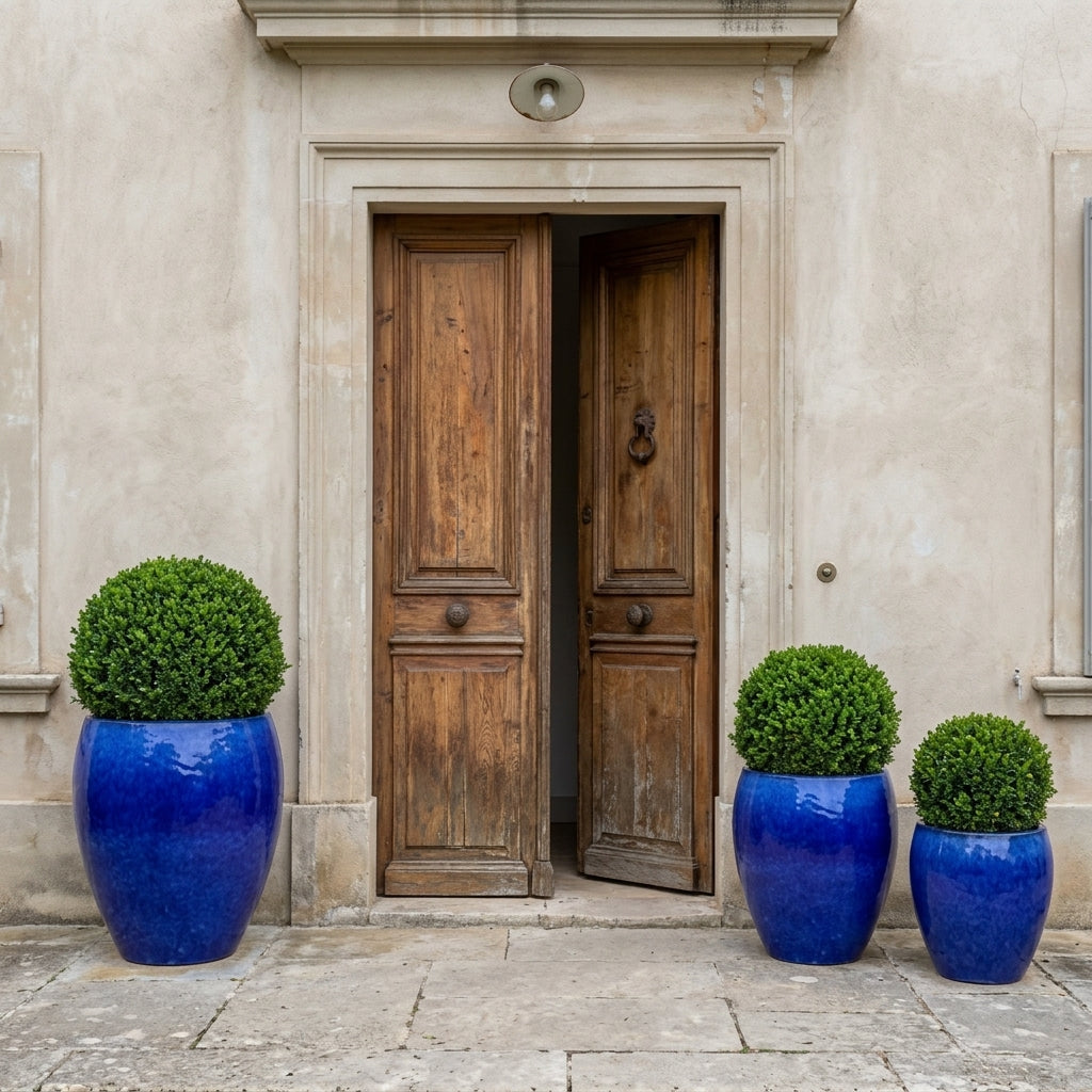 Detail na velký keramický květináč Poseidon - Majorellová modř s kulovitým buxusem. Květináč stojí na kamenné dlažbě před starými dřevěnými dveřmi, vedle žena v bílých šatech pečující o rostlinu.