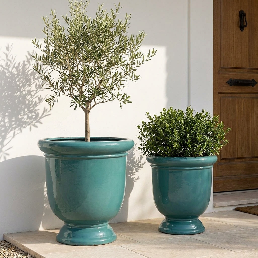 Donica ceramiczna Nefrytowa na tarasie – Titan, styl Anduze