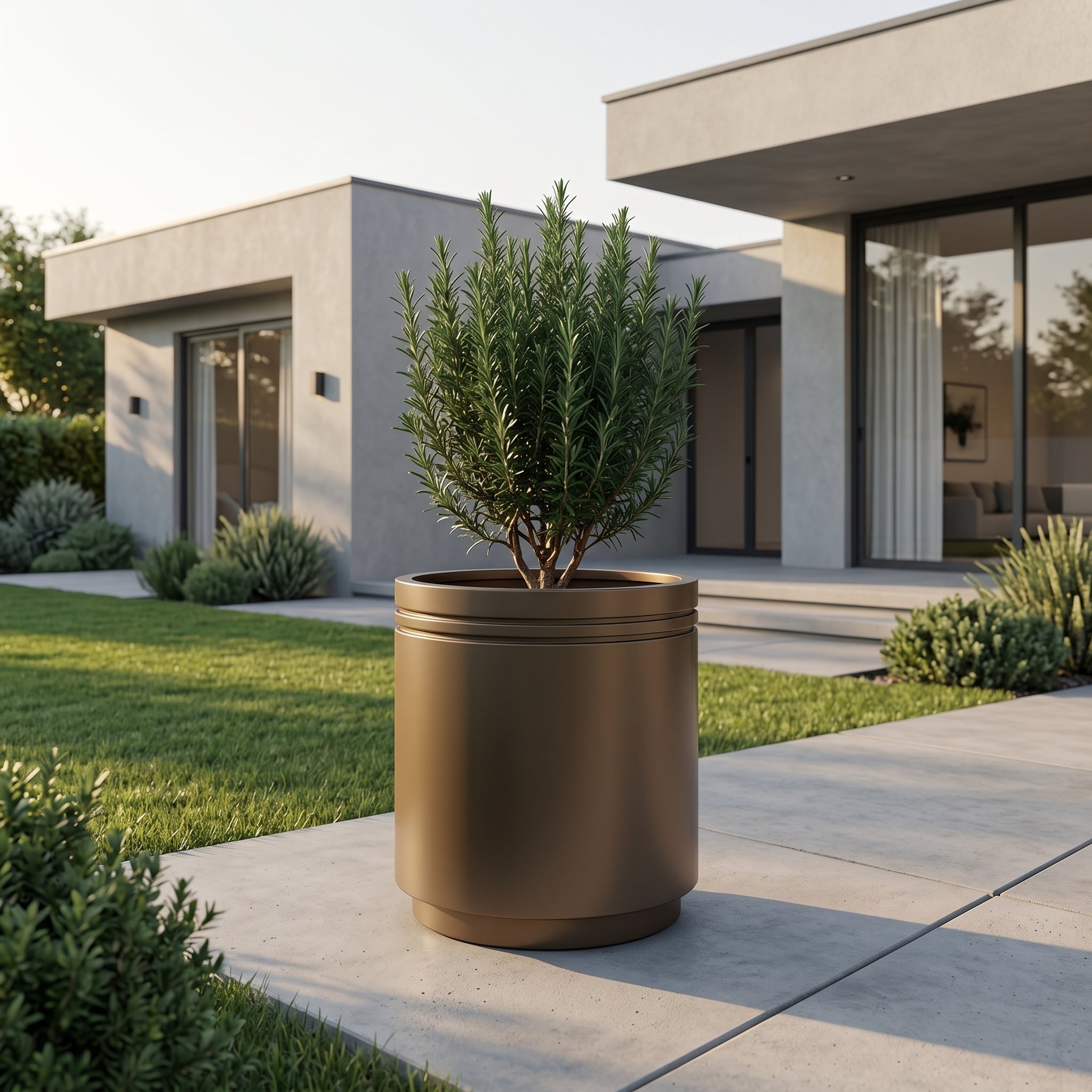 Donica metalowa Szarobrązowy na tarasie – INFINITY ROUND, odporna na pogodę