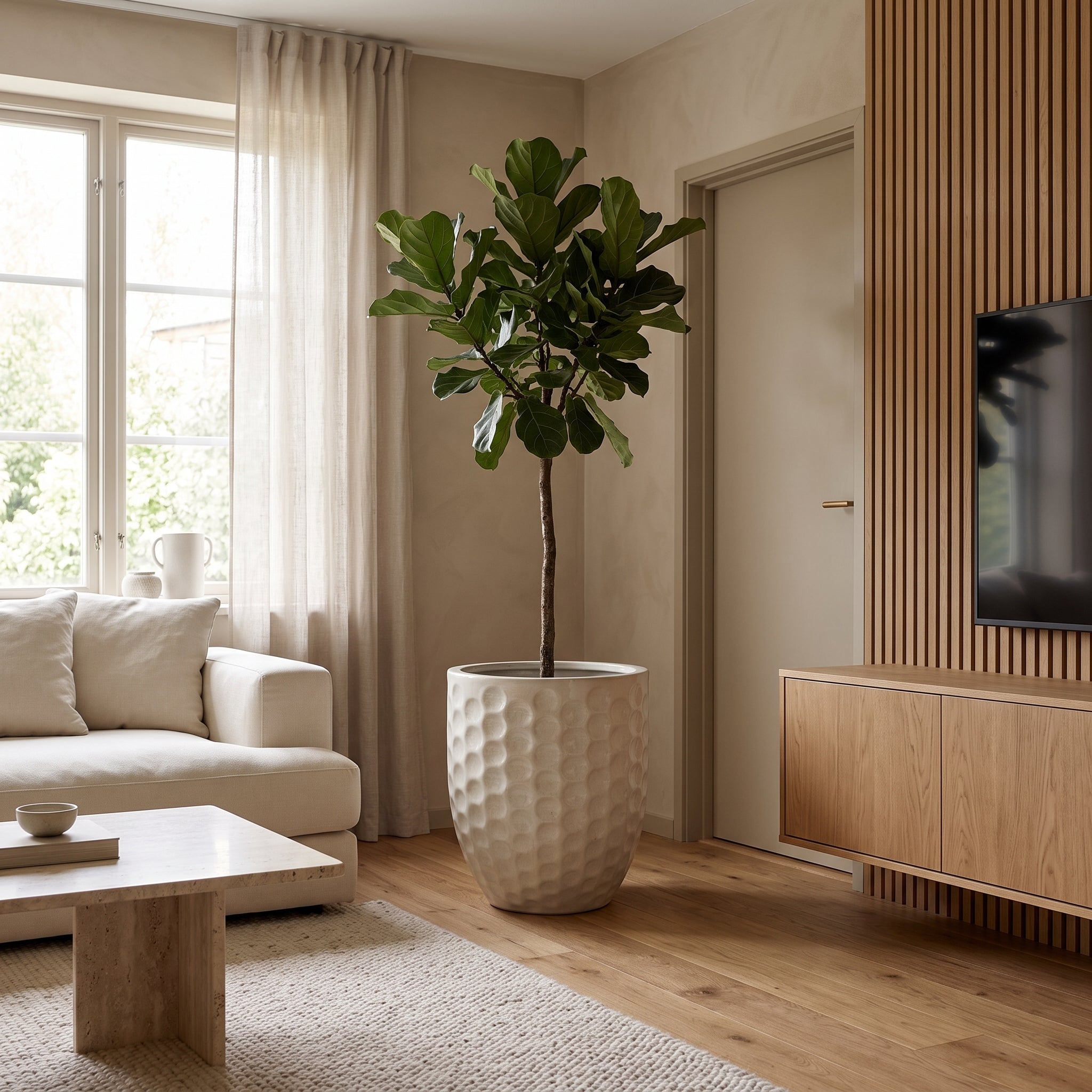 Krémový keramický květináč MEROVEE XXL (55 x 65 cm) s rostlinou Ficus lyrata v prémiovém skandinávském obývacím pokoji.