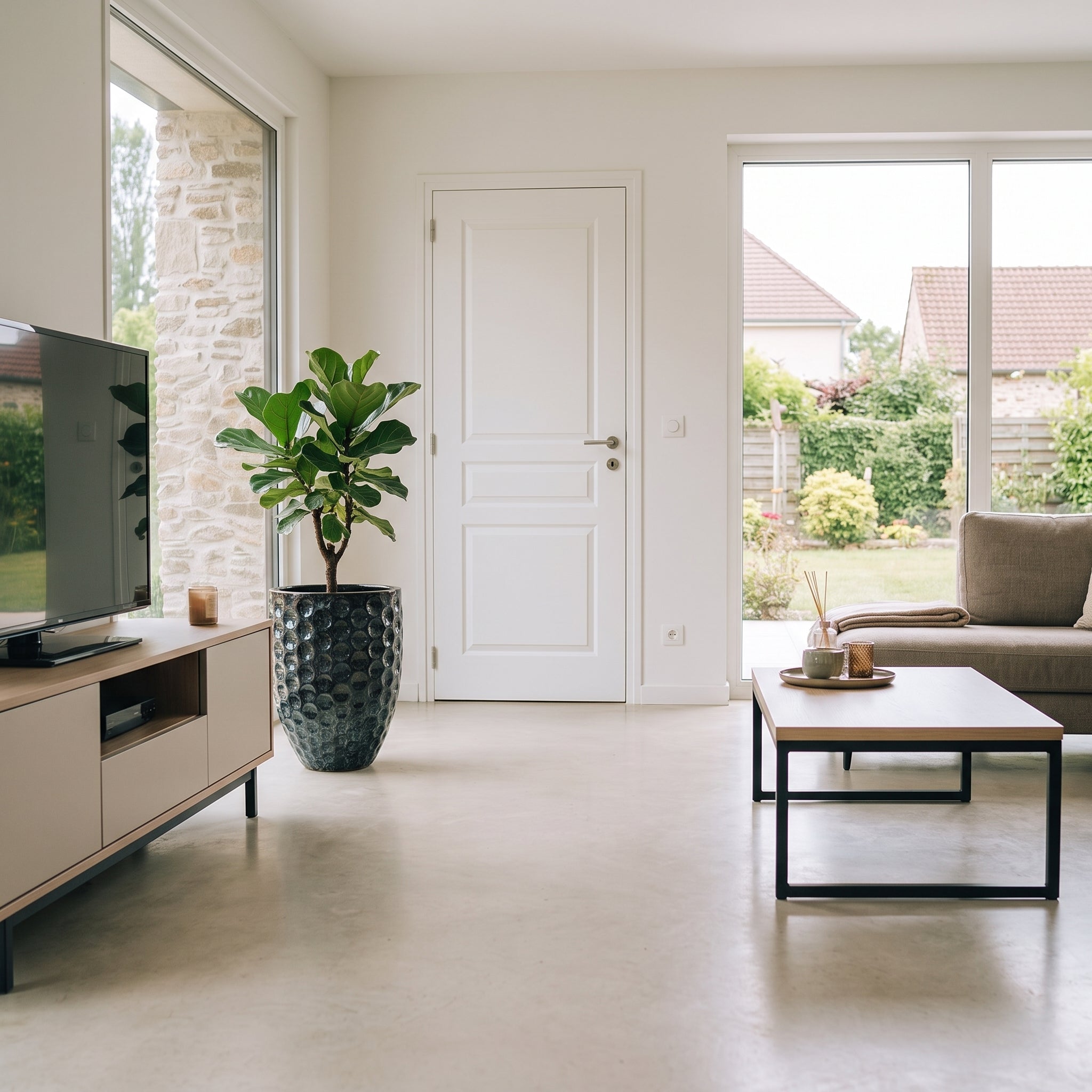 Ledově modrý keramický květináč MEROVEE XL (42x55 cm) v moderním interiéru obývacího pokoje vedle TV stolku.