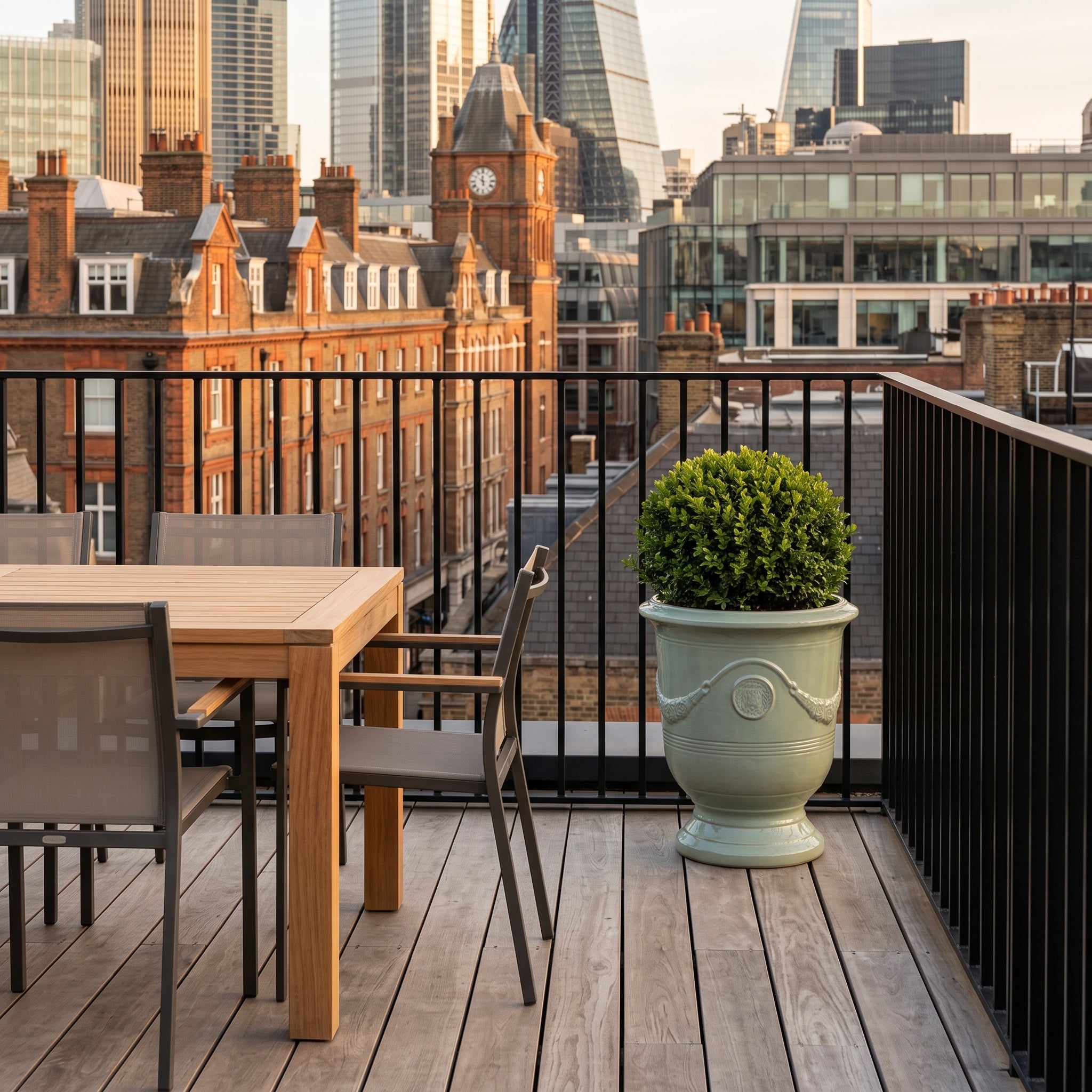 Keramický květináč RICHELIEU - Nefritově perlová - XL (46 x 56 cm) s kompaktním keřem na moderní londýnské střešní terase vedle teakového stolu.