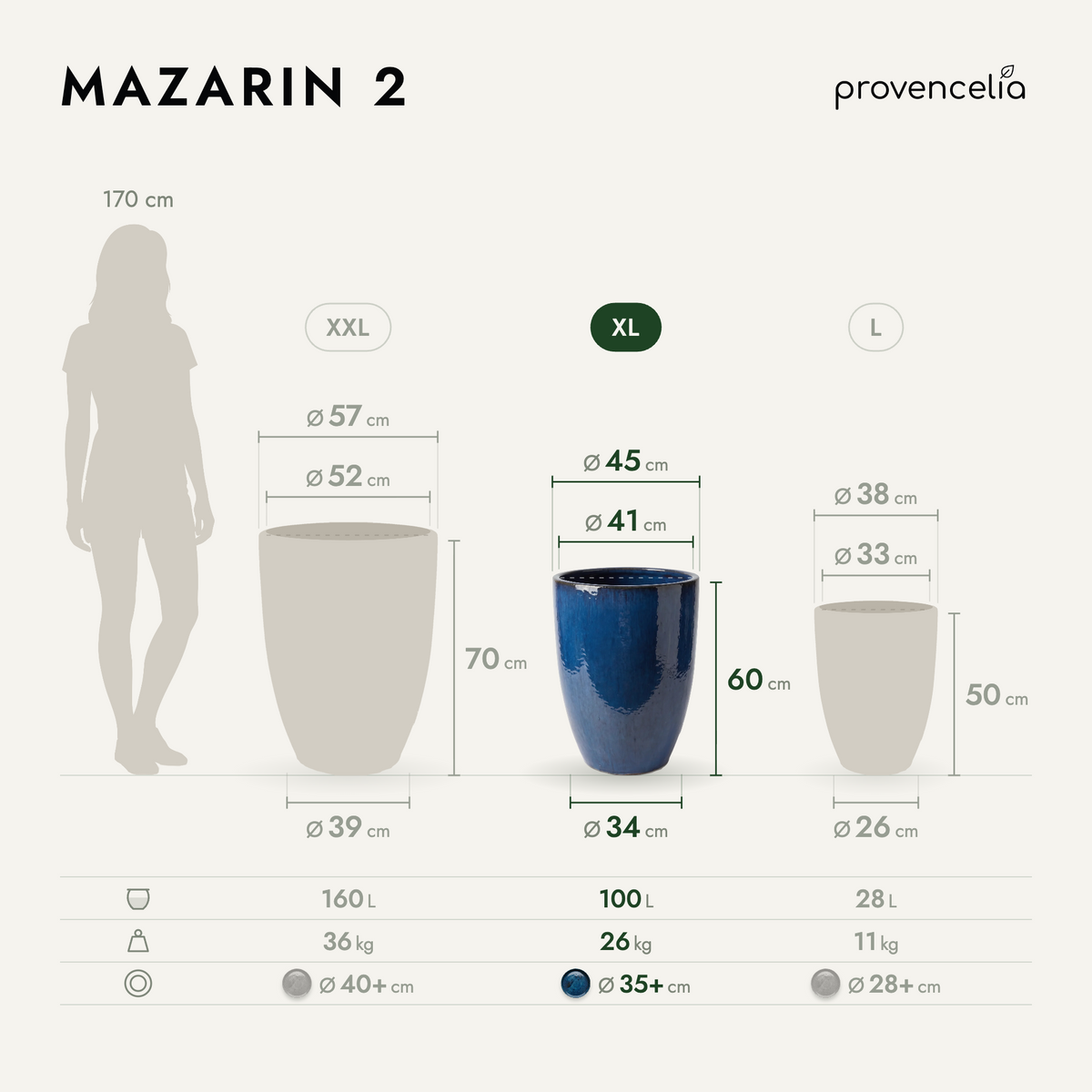 Doniczka ceramiczna Mazarin 2 – Lazurowo-niebieska, XL (45 x 60 cm)
