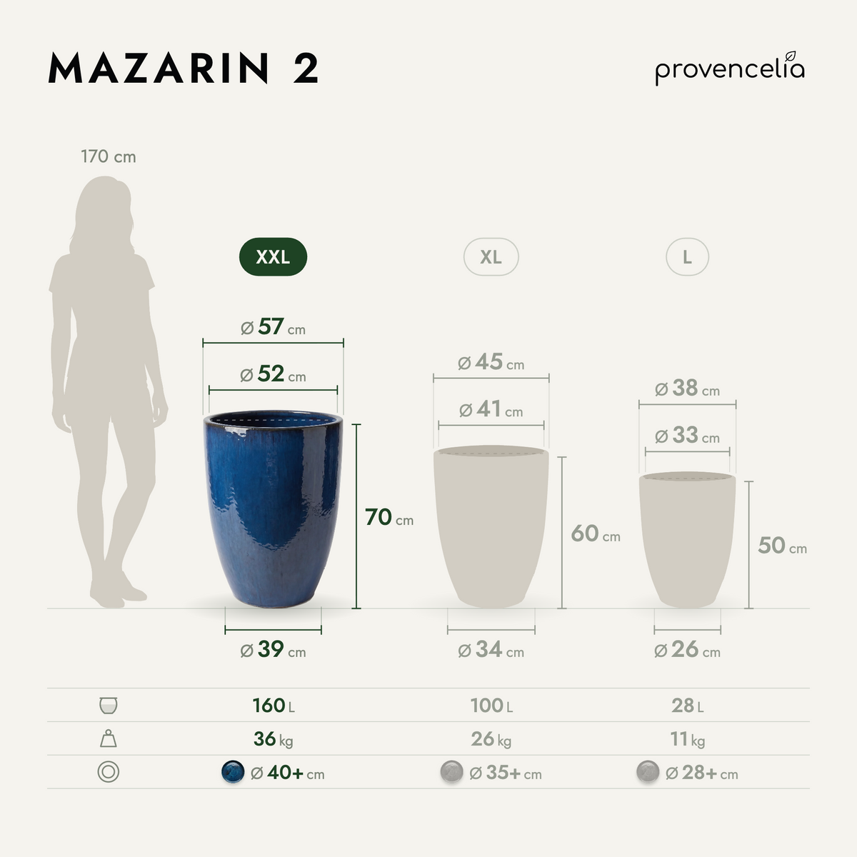 Doniczka ceramiczna Mazarin 2 – Lazurowo-niebieska, XXL (57 x 70 cm)
