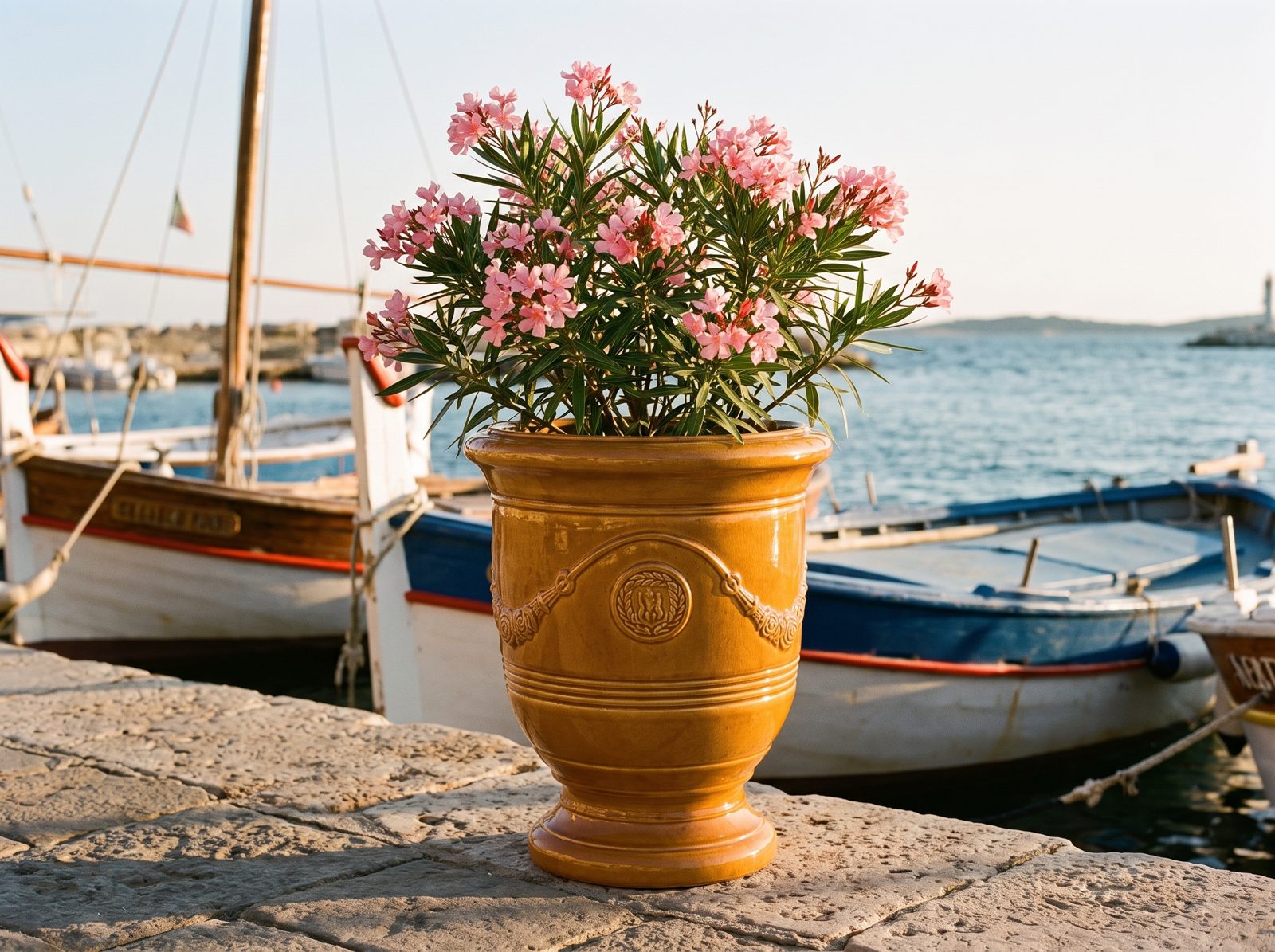 Ceramiczna donica RICHELIEU Miodowa z różowym oleandrem na portowym molo na Riwierze