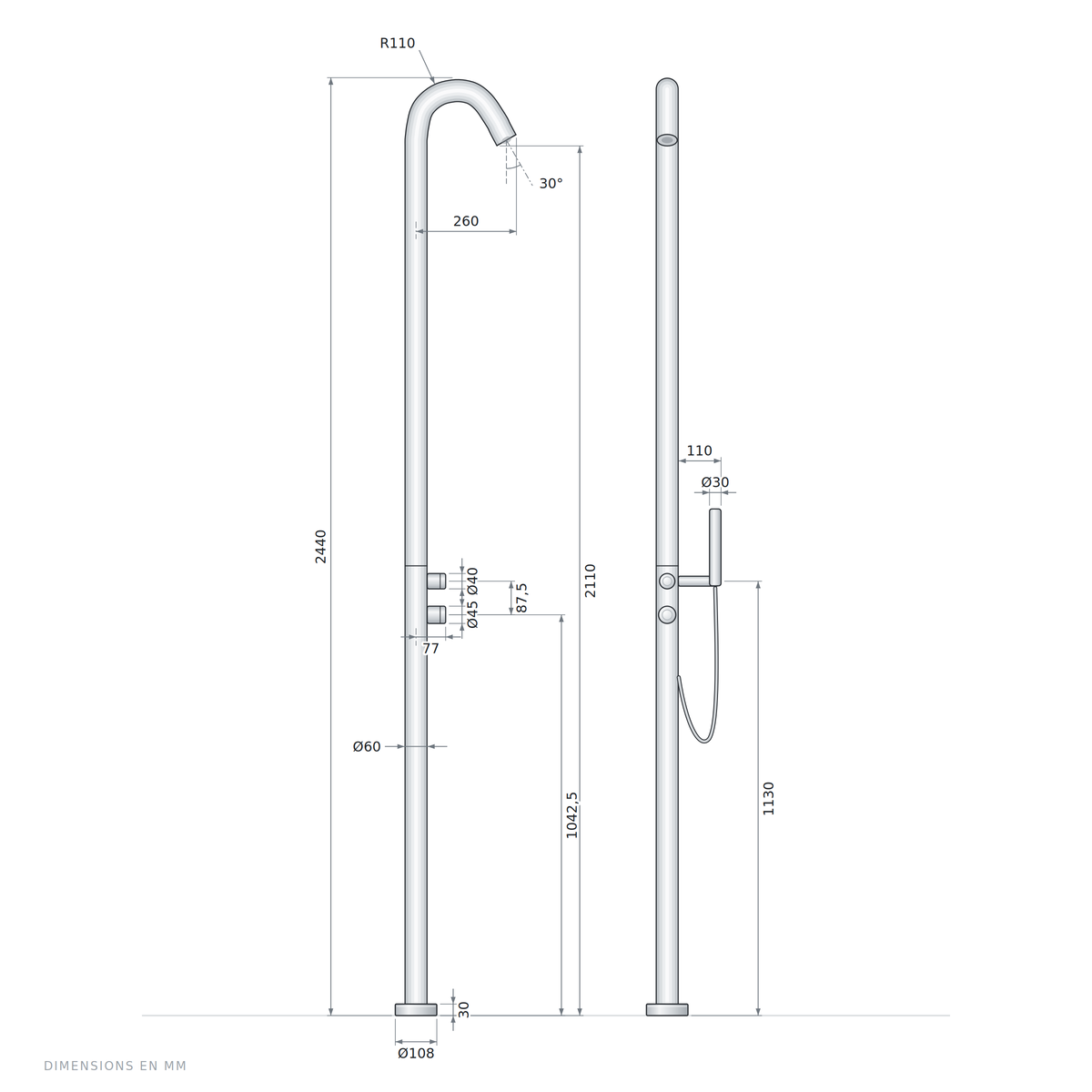 Technický nákres venkovní sprchy EQUINOX X s rozměry