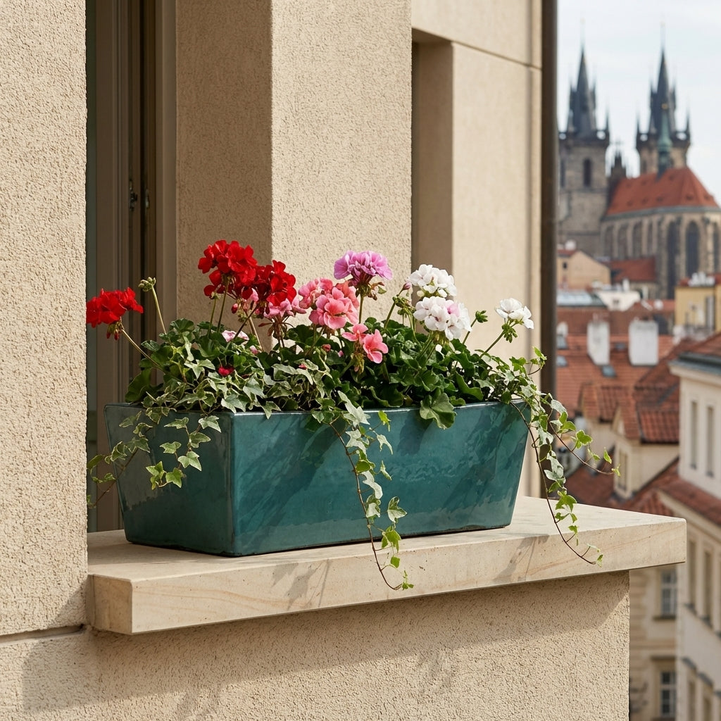 Nefritově zelený keramický truhlík GIONO s muškáty na venkovním parapetu moderního pražského domu s béžovou fasádou.