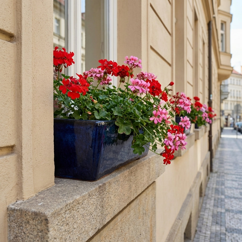 Ceramiczny donica podłużna GIONO - Safírová (75x21x18 cm) osázený muškáty na venkovním parapetu moderního pražského domu s béžovou fasádou.