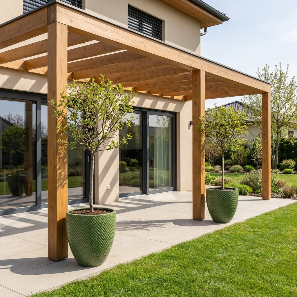 Detail na keramický květináč Signac - Jablkově zelená se stálezeleným keřem na slunné rodinné terase.