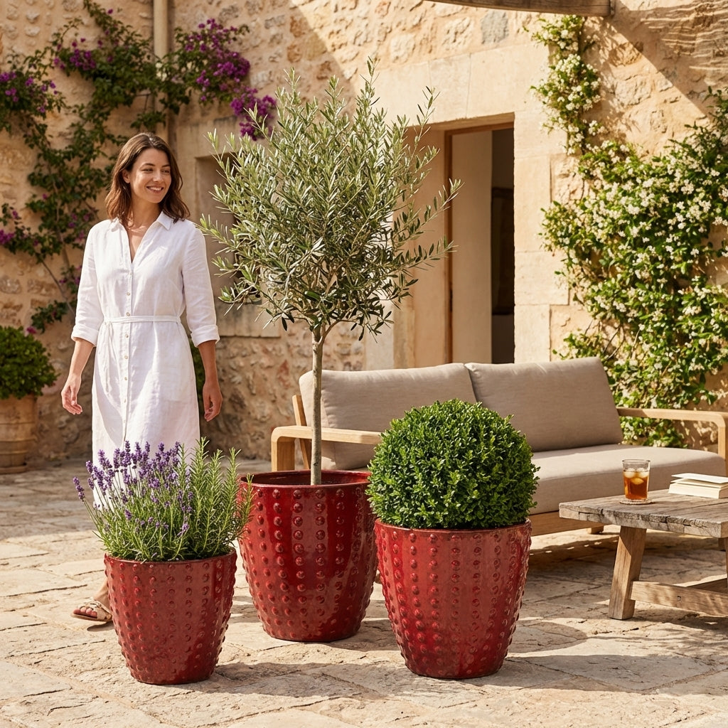Ručně vyráběný keramický květináč Attila Císařsky červený z terakoty s levandulí na kamenné dlažbě slunné terasy.