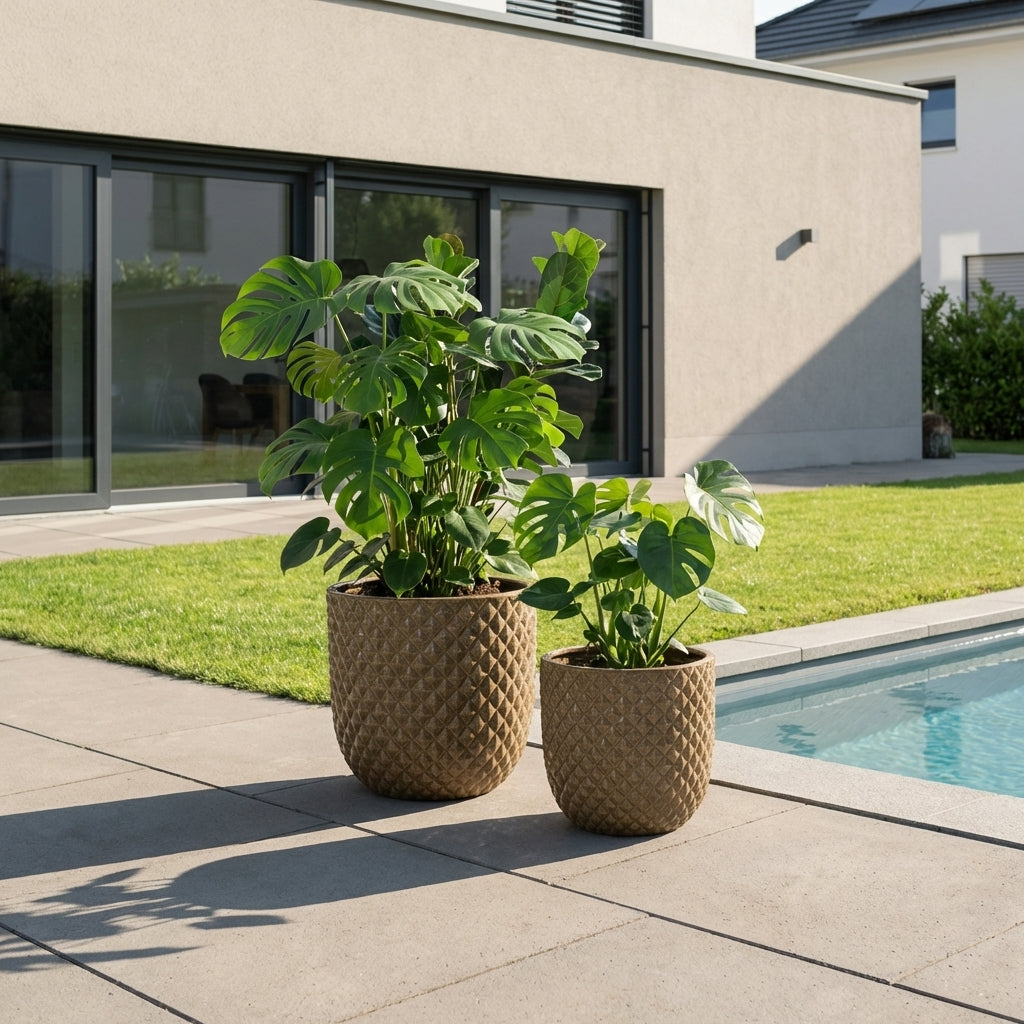 Detail na velký keramický květináč Mars Broušený bronz. Ručně vyráběný glazovaný květináč z terakoty na moderní rodinné terase u bazénu.