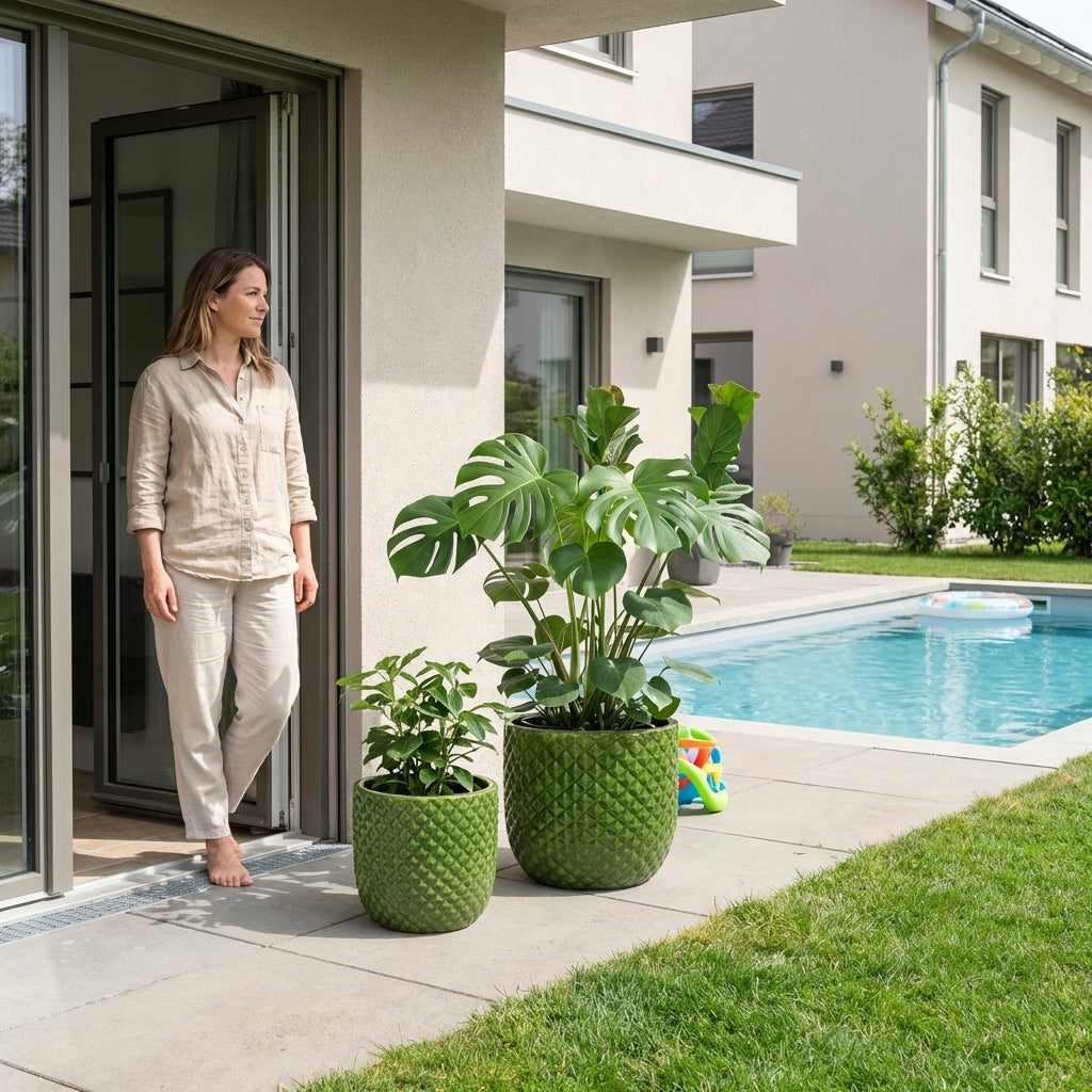 Detail na ručně vyráběný glazovaný keramický květináč Mars jablečně zelený z terakoty na moderní rodinné terase u bazénu.
