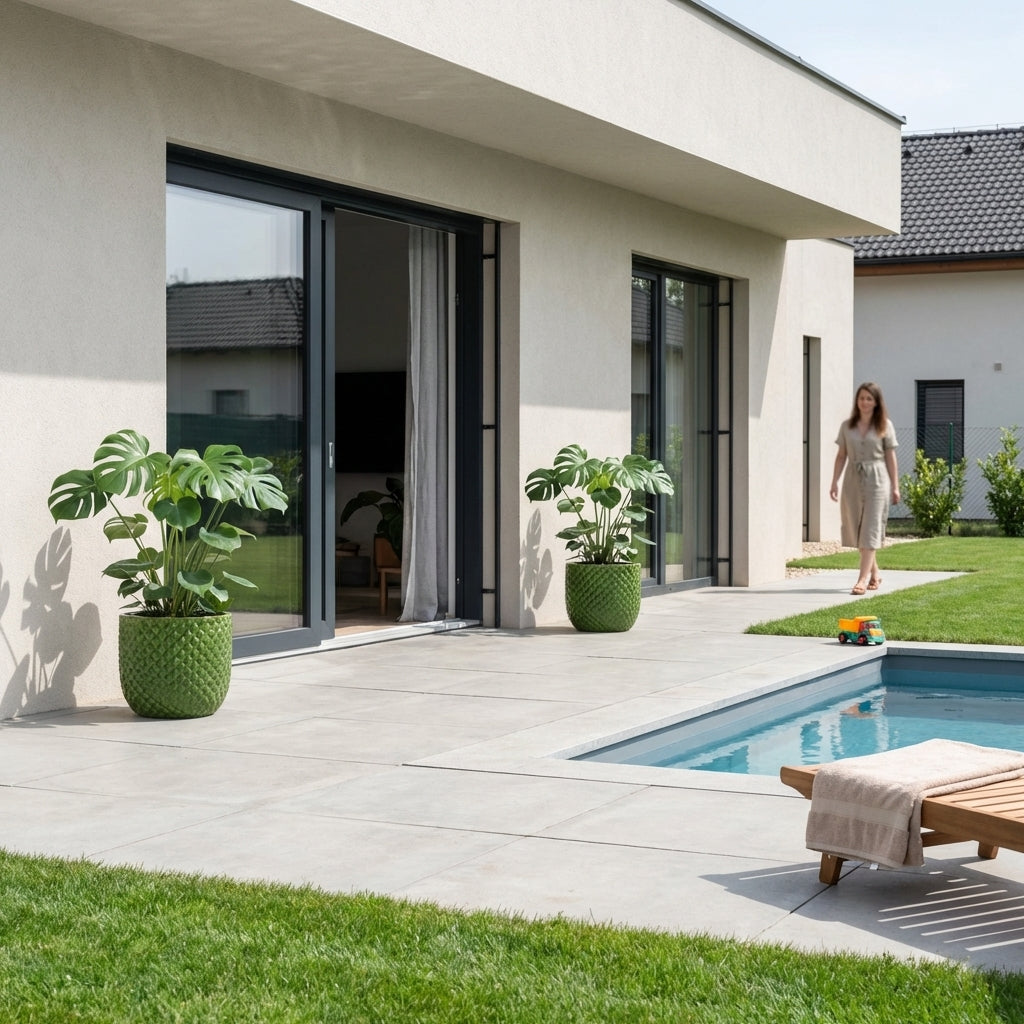 Detail na ručně vyráběný glazovaný keramický květináč Mars jablečně zelený z terakoty na moderní rodinné terase u bazénu.