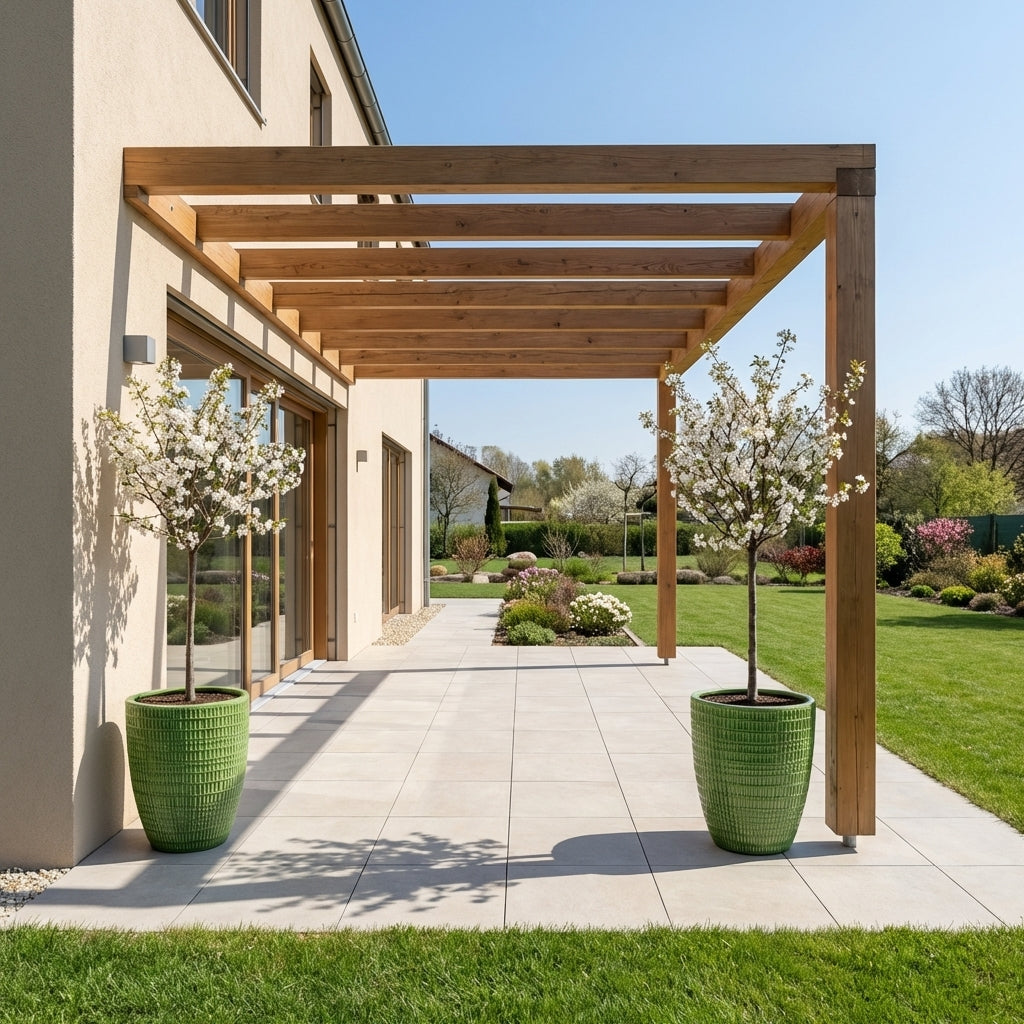 Detailní záběr na velký Keramický květináč Verne - Zelený osázený malým stromkem na prosluněné moderní terase.