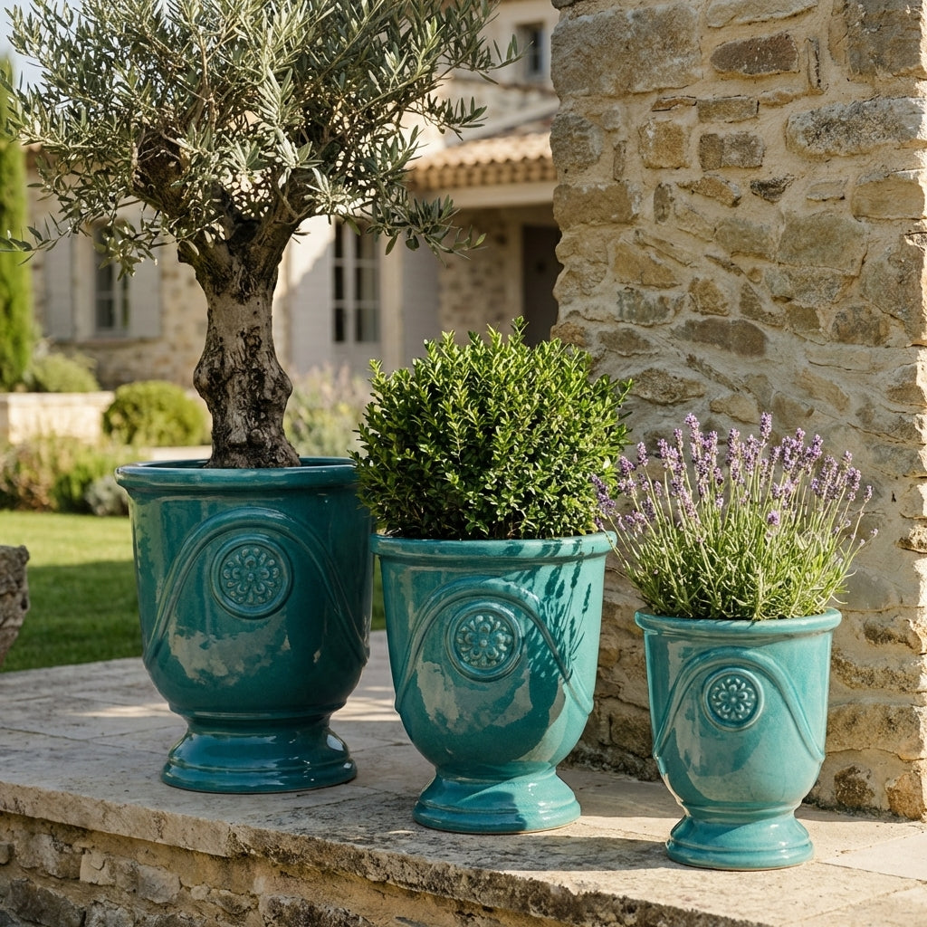 Detail na Keramický květináč Moliere Tyrkysový. Velký ručně vyráběný glazovaný květináč z terakoty s reliéfem a olivovníkem na slunné terase.