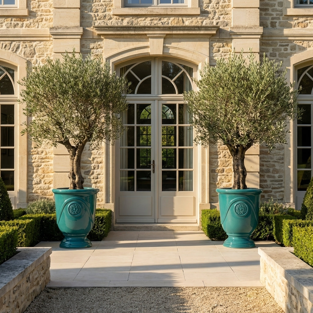 Detail na Keramický květináč Moliere Tyrkysový. Velký ručně vyráběný glazovaný květináč z terakoty s reliéfem a olivovníkem na slunné terase.