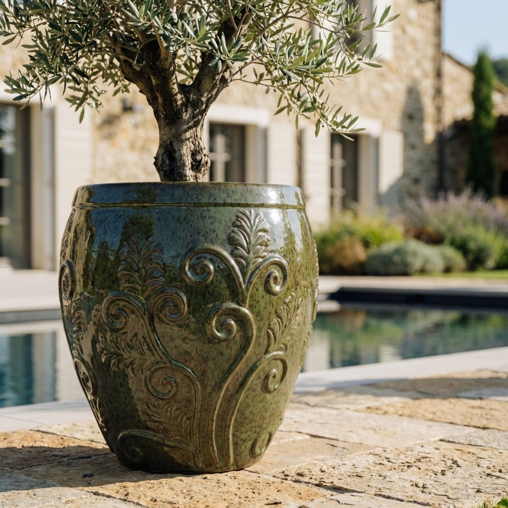 Detail na velký keramický květináč Gaia - Tropická zelená s ozdobným reliéfem a olivovníkem na slunné terase u bazénu.