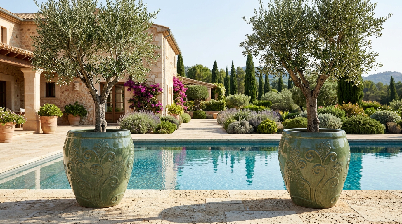 Detail na velký Keramický květináč Gaia - Nefritově perlová s olivovníkem na slunné kamenné terase u bazénu.