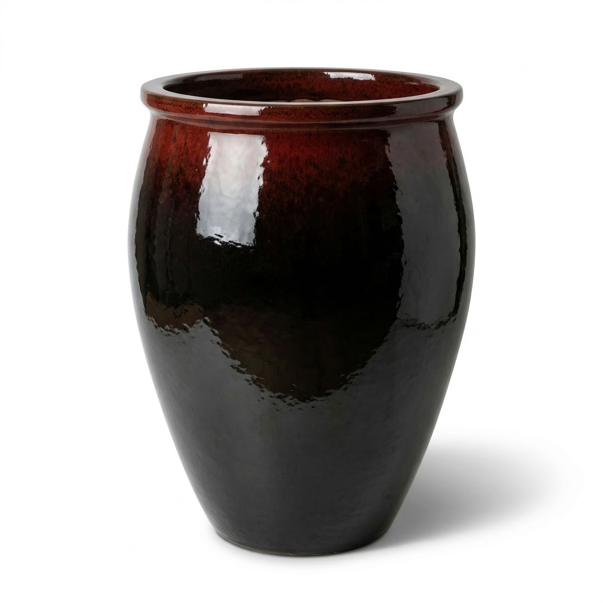 Černo-červený keramický květináč BACCHUS s lesklou glazurou, profesionální produktová fotografie na čistě bílém pozadí.