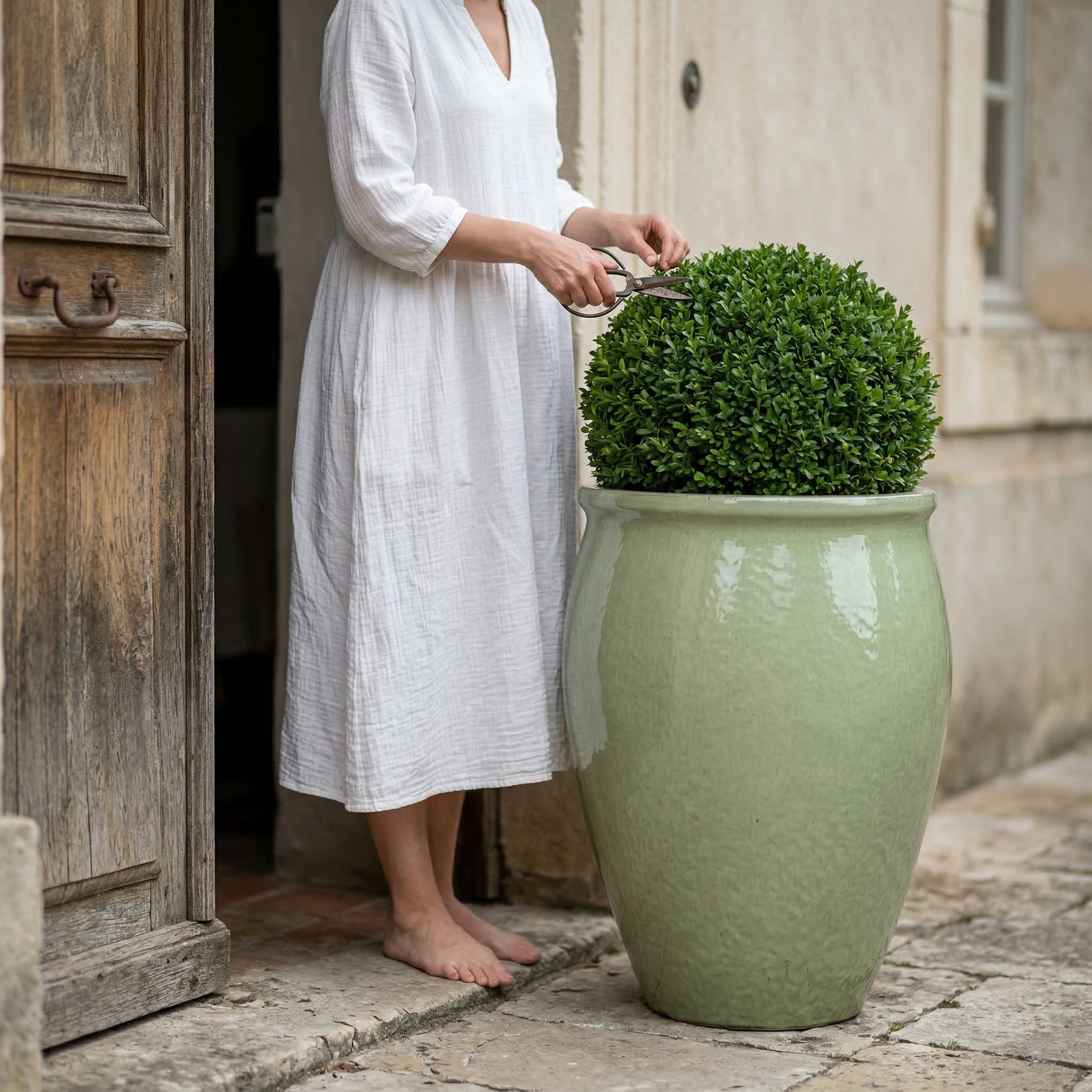 Keramický květináč BACCHUS - Nefritově perlová s kulatým buxusem u starých dřevěných dveří. Žena v bílých letních šatech se jemně dotýká rostliny.