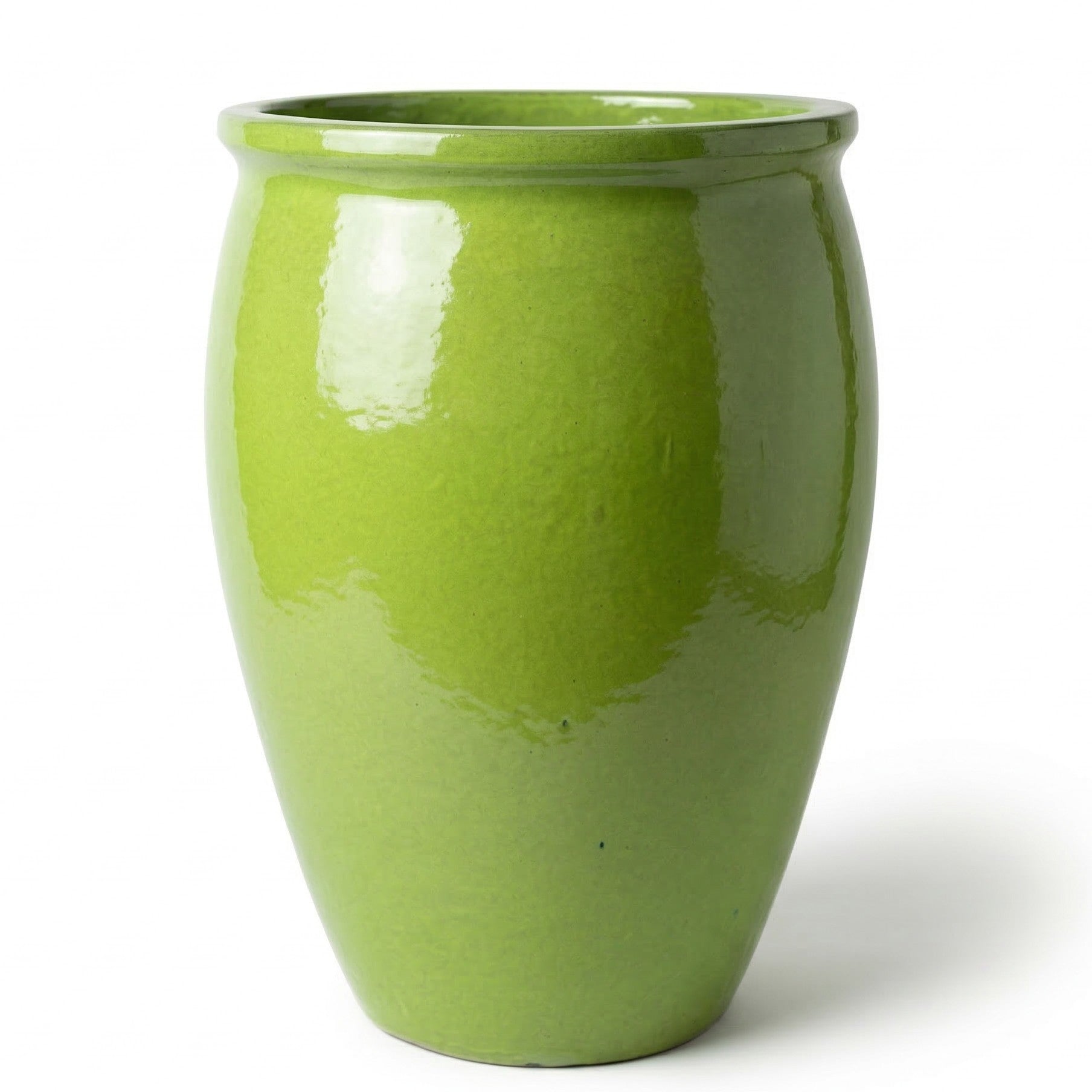 Olivově zelený keramický květináč BACCHUS s lesklou glazurou na čistě bílém pozadí.